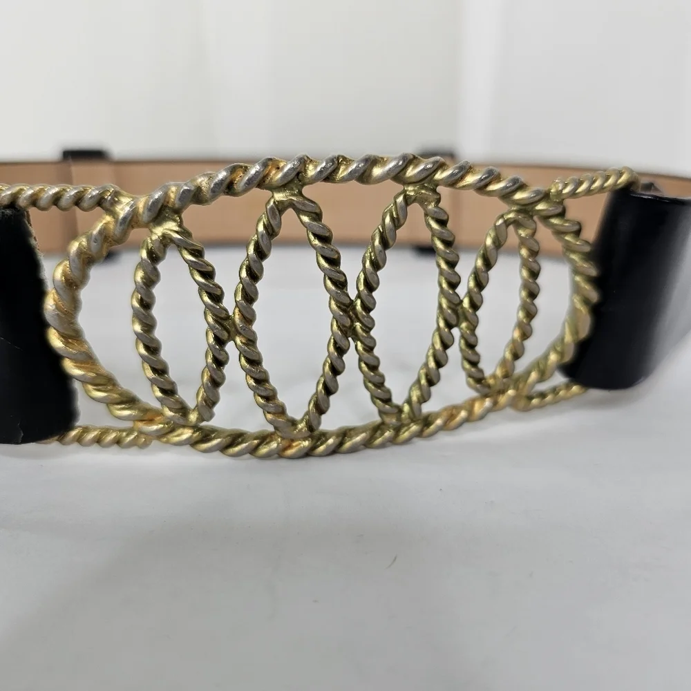 Vintage Imperial Belt Corporation Black Ornate Gold Roped Metal Buckle Belt